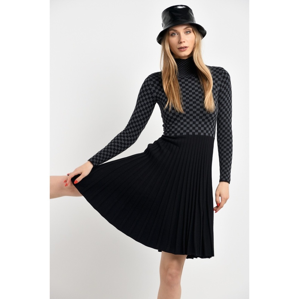 Emporio Armani Black  Checkered Jacquard Sweater Dress Turtleneck Cashmere 38 XS